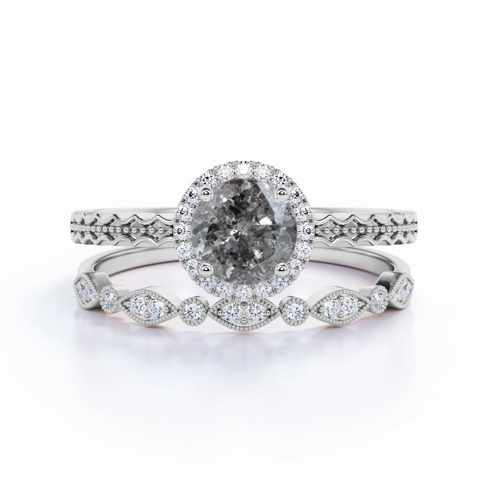 Exquisite Expression Traditional Mark 1 Ct Round Salt and Pepper Diamond Halo Bridal Set