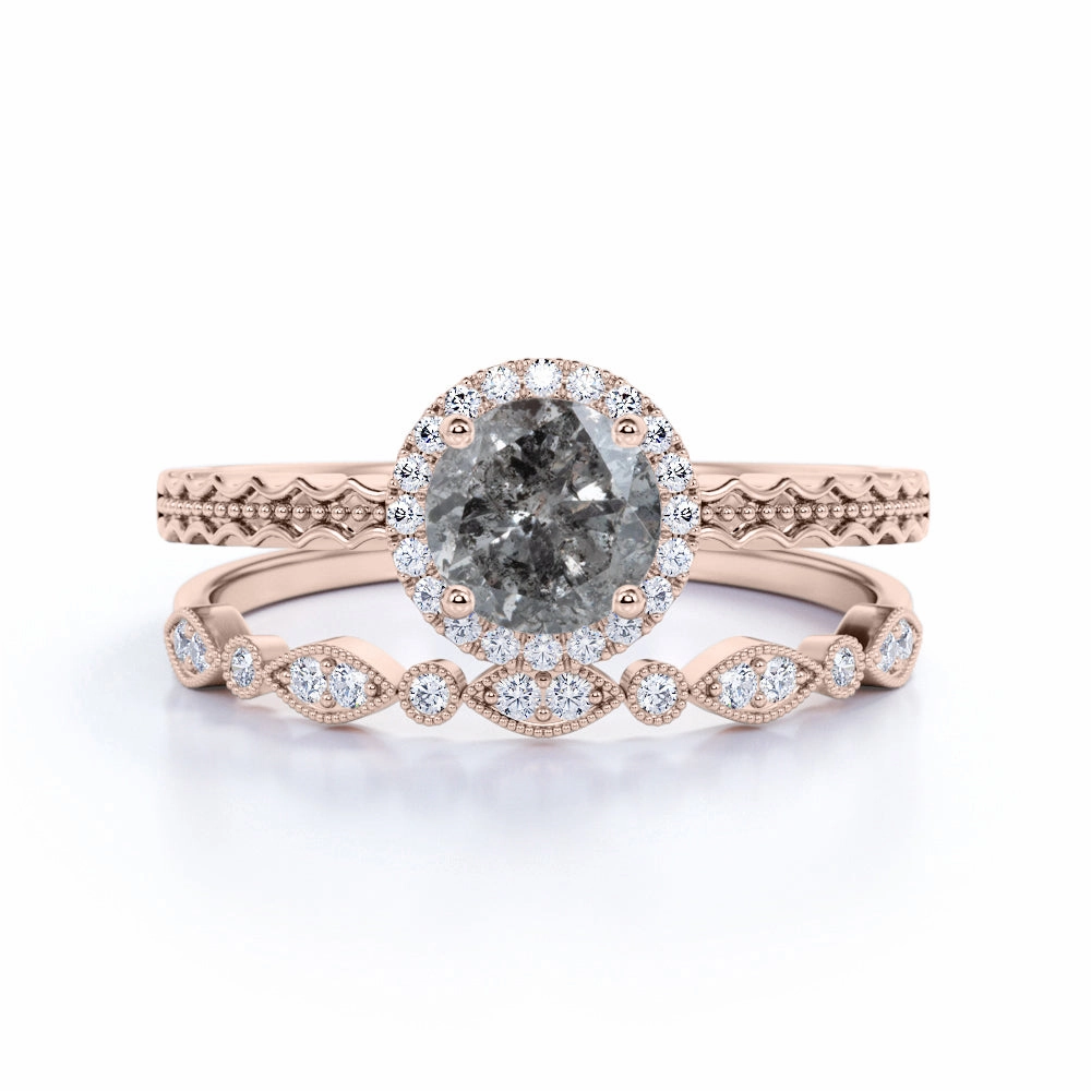 1 Ct Round Salt and Pepper Diamond Halo Bridal Set Natural Fit