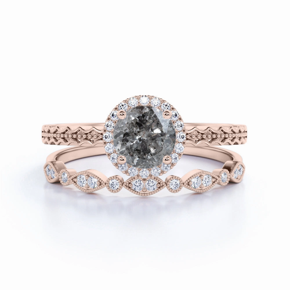 Graceful Choice 1 Ct Round Salt and Pepper Diamond Halo Bridal Set