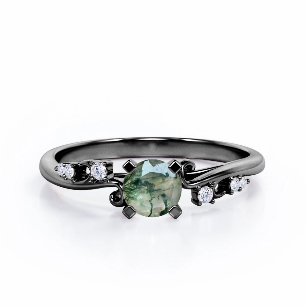 Seven Stone 1.05 Ct Round Cut Green Moss Agate Ring Modern Design
