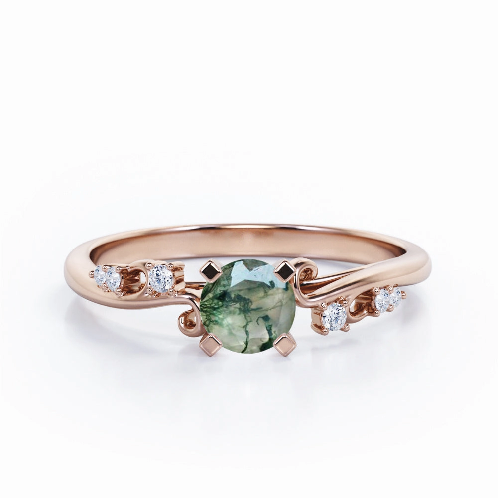 Seven Stone 1.05 Ct Round Cut Green Moss Agate Ring Fun Gift Handcrafted Decoration