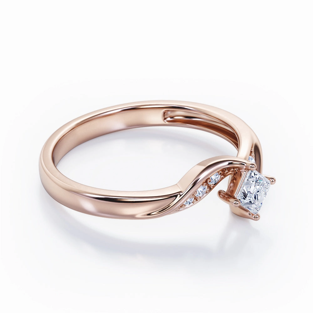 Twisted 7 Stone Ring - 0.55 carat Princess Diamond and Diamond Elegant Engagement Ring in Rose Gold Classic Token