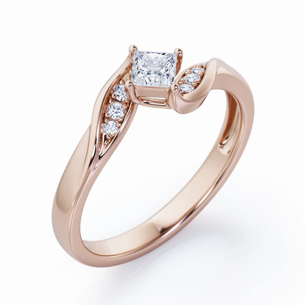 Twisted 7 Stone Ring - 0.55 carat Princess Diamond and Diamond Elegant Engagement Ring in Rose Gold Bright Finish Bold Memento