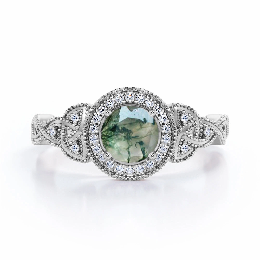 Vintage 1.25 carat Round Moss Agate and Moissanite Milgrain Intertwined Band Engagement ring in White Gold Fine Item