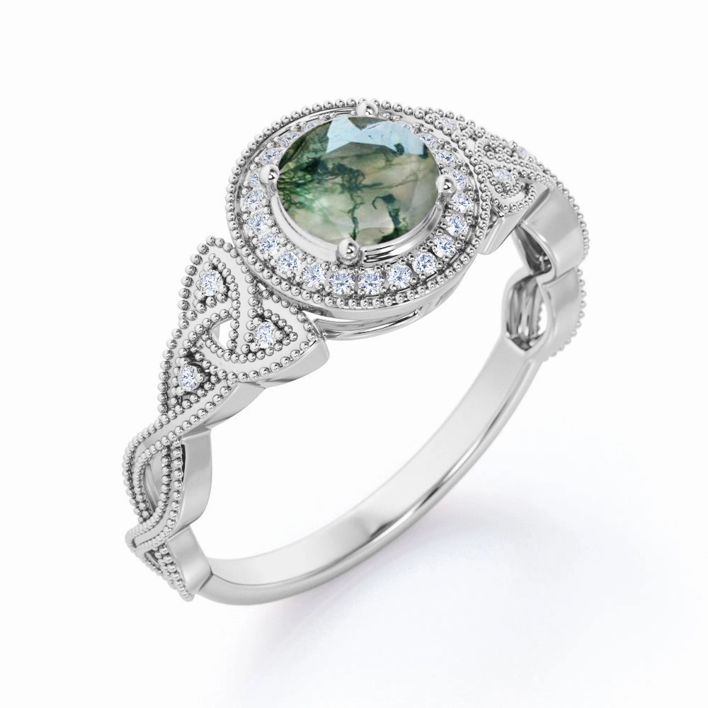 Affordable Trinket Vintage 1.25 carat Round Moss Agate and Moissanite Milgrain Intertwined Band Engagement ring in White Gold