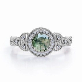 Unisex Appeal Fashionable Article Vintage 1.25 carat Round Moss Agate and Moissanite Milgrain Intertwined Band Engagement ring in White Gold