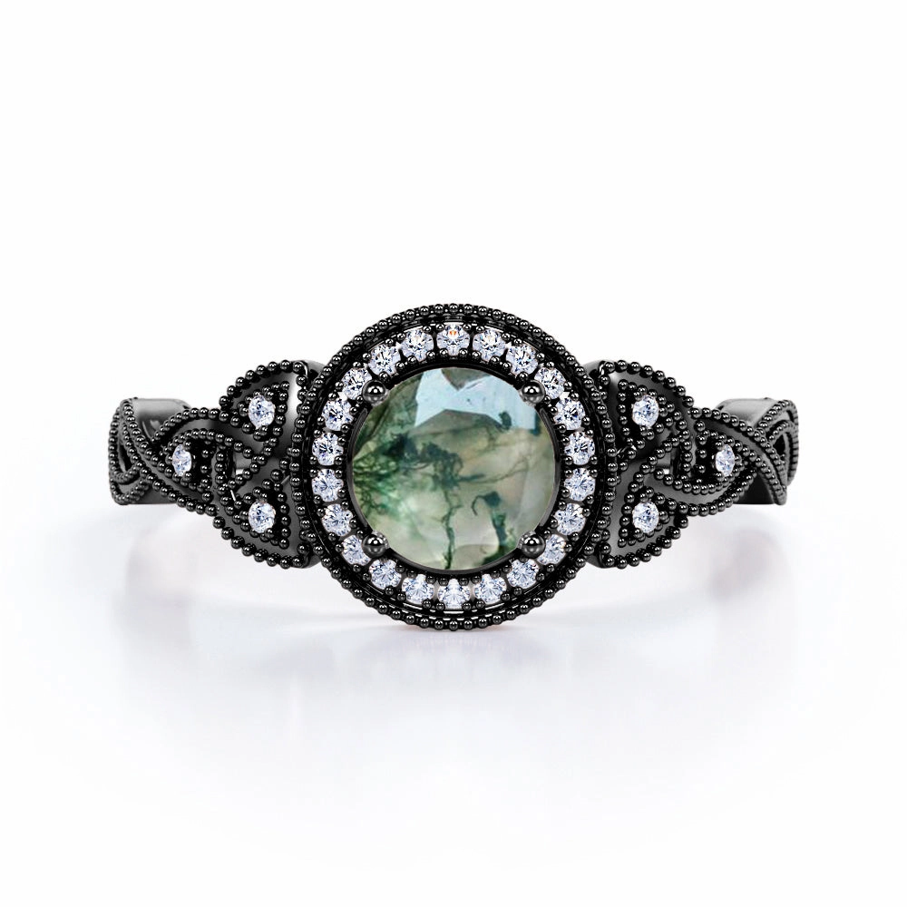 Vintage 1.25 carat Round Moss Agate and Moissanite Milgrain Intertwined Band Engagement ring in White Gold Geometric Pattern