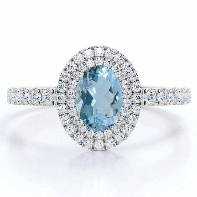 Double Halo 1.35 ct Oval Aquamarine Pave Engagement Ring Exquisite Expression Hypoallergenic Item