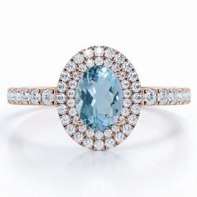 Tarnish Proof Double Halo 1.35 ct Oval Aquamarine Pave Engagement Ring