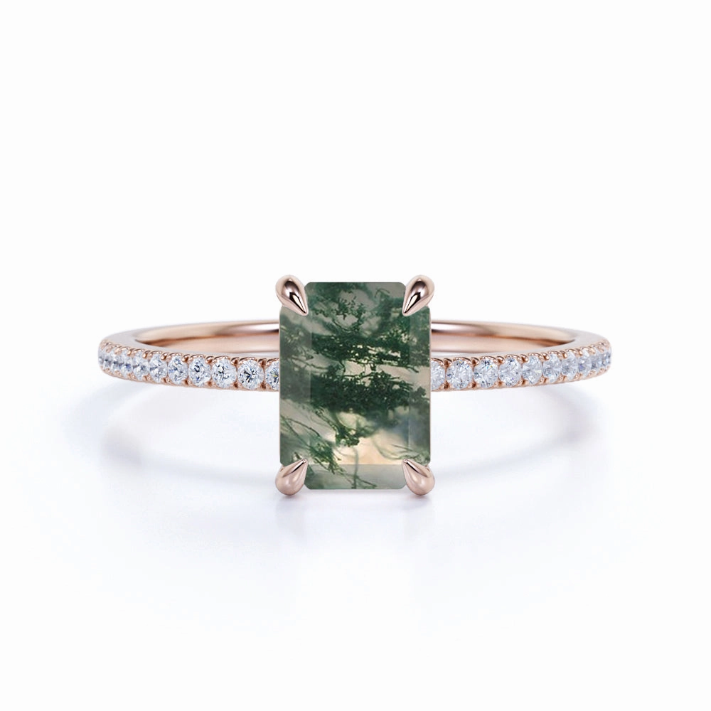 Pave 1.50 Carat Emerald Cut Moss Agate Engagement Ring Fine Appearance Work Friendly Style