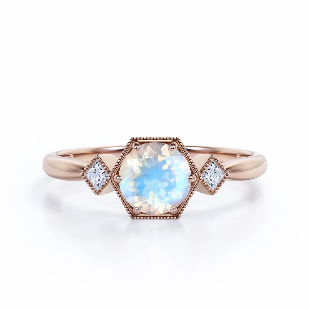 Meaningful Look Club Membership 1 ct Round Moonstone 3 Stone Engagement Ring