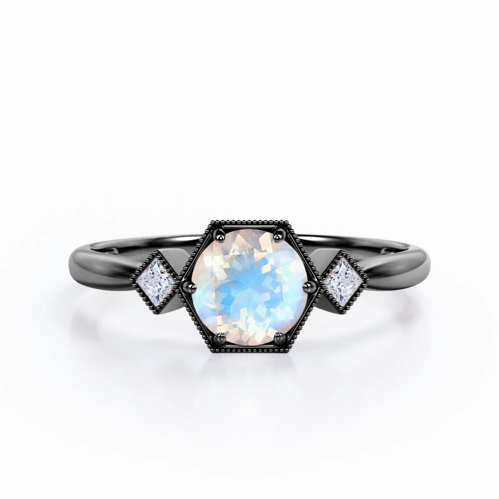 Affordable Style 1 ct Round Moonstone 3 Stone Engagement Ring