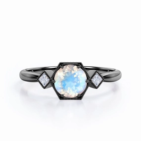 Affordable Style 1 ct Round Moonstone 3 Stone Engagement Ring