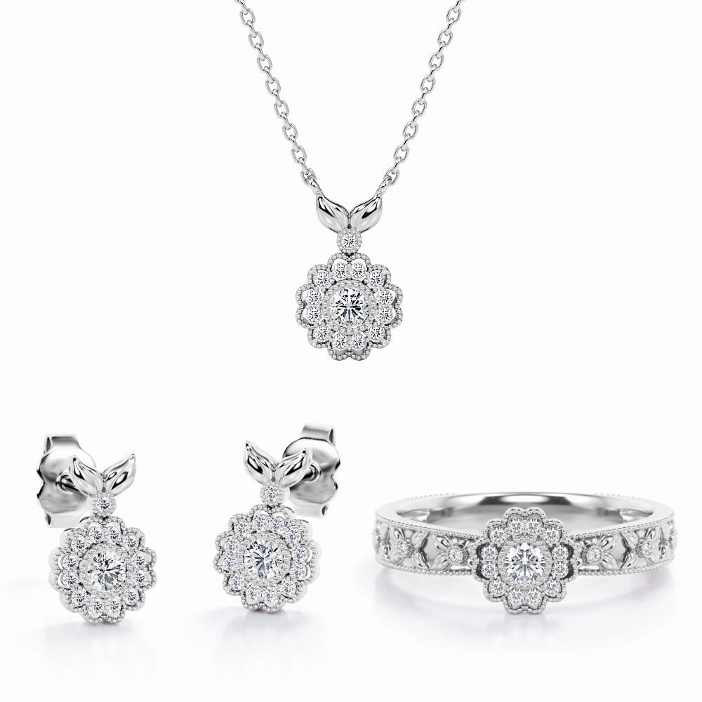 Stylish Accent Bloom Flower Halo Jewelry Set of 0.45 TCW Diamond with Pendant, Earrings & Ring