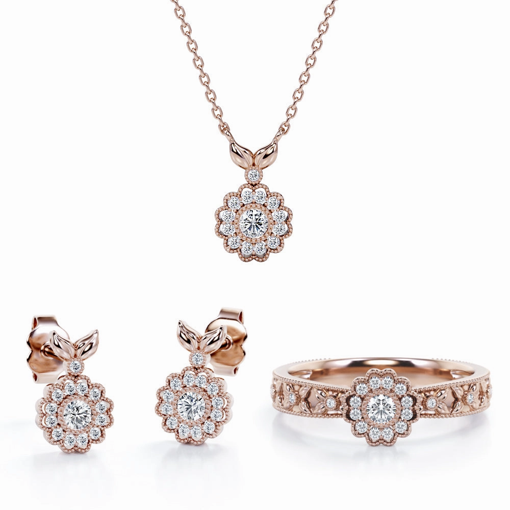 Bloom Flower Halo Jewelry Set of 0.45 TCW Diamond with Pendant, Earrings & Ring Artisan Statement