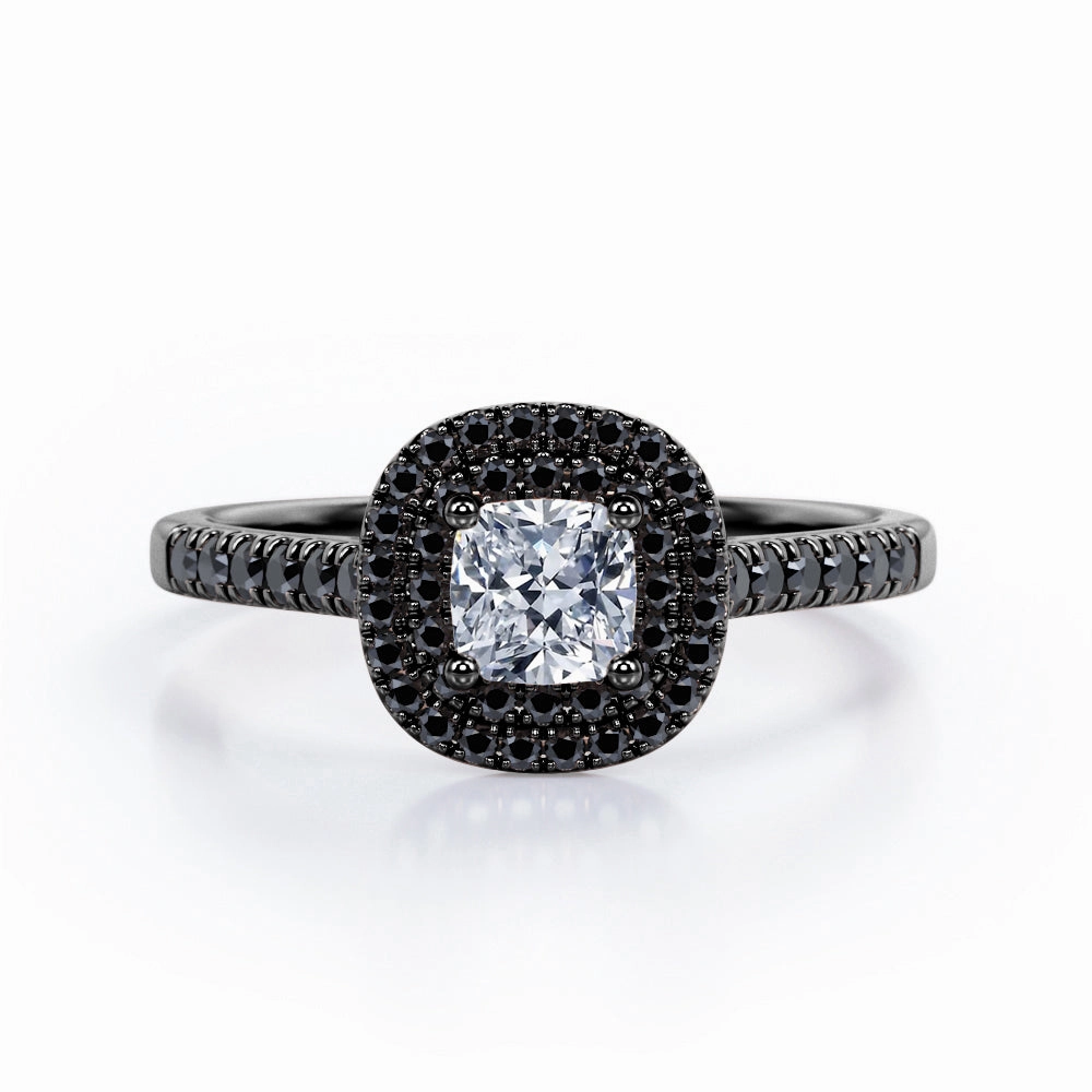 Glam Vibe prom night Double Halo Style - 0.5 TCW Princess Cut Diamond with Lab Created Black Diamond - Scalloped Pave Engagement Ring - 10K White Gold