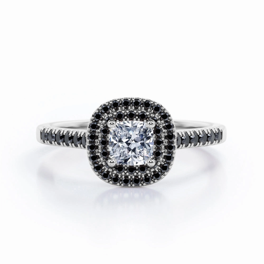 Double Halo Style - 0.5 TCW Princess Cut Diamond with Lab Created Black Diamond - Scalloped Pave Engagement Ring - 10K White Gold Unique Present Formal Outfit