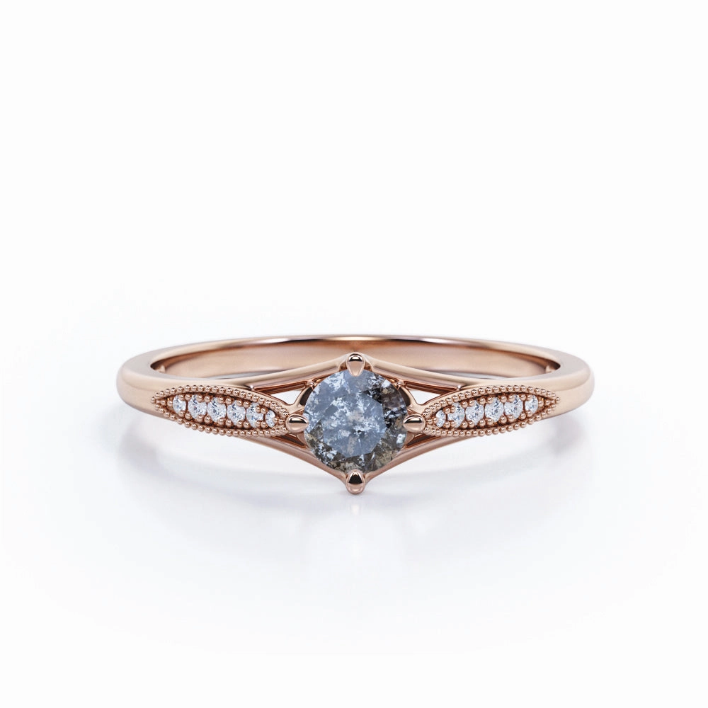 0.75 Ct Round Salt and Pepper Diamond Milgrain Engagement Ring Metallic Sheen