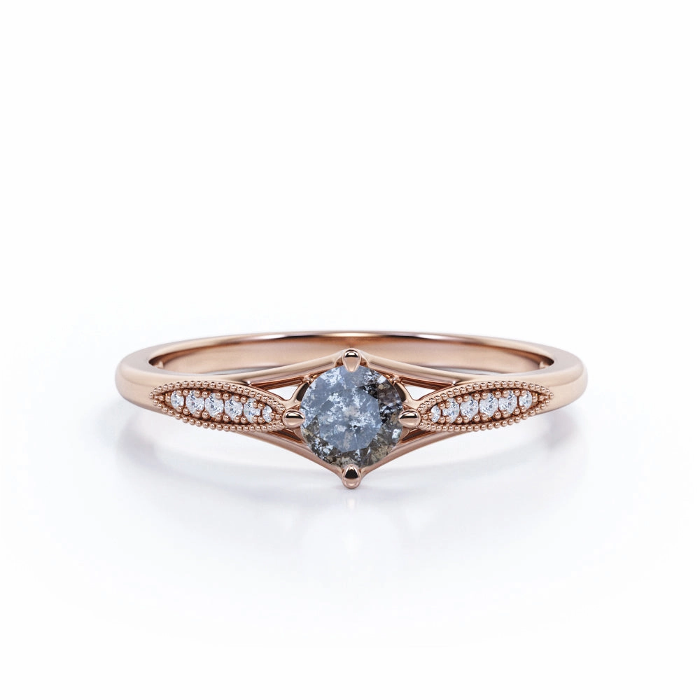 0.75 Ct Round Salt and Pepper Diamond Milgrain Engagement Ring Classic Appearance petite size