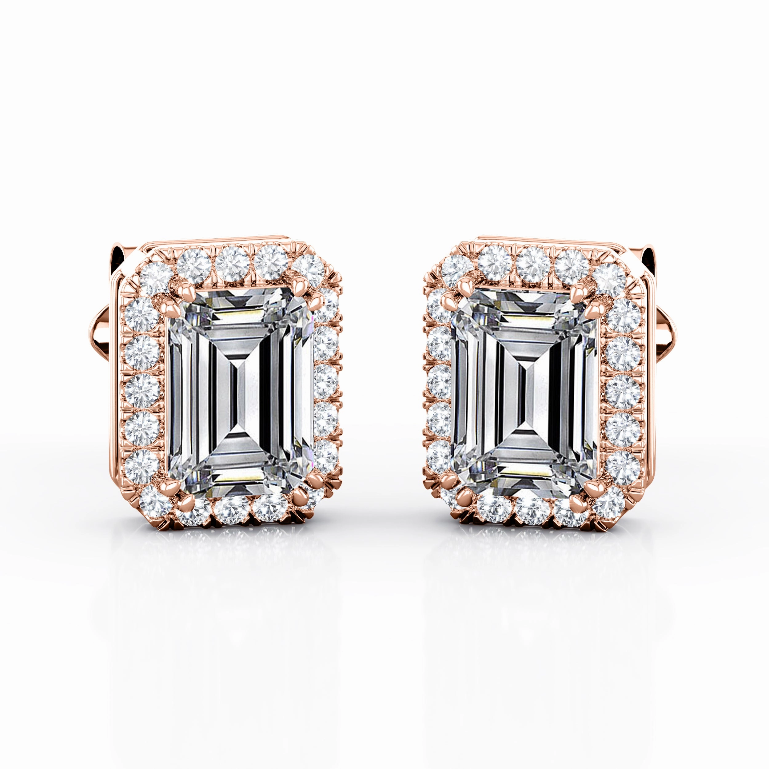 Pretty Accent Antique Double Prong 2.10 Carat Emerald Cut Certified Moissanite and Diamond Halo Stud Earrings