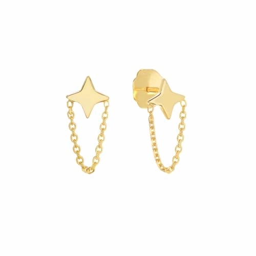 14k Yellow Gold North Star Earrings with Chain Drop Pretty Item Contemporary Choice