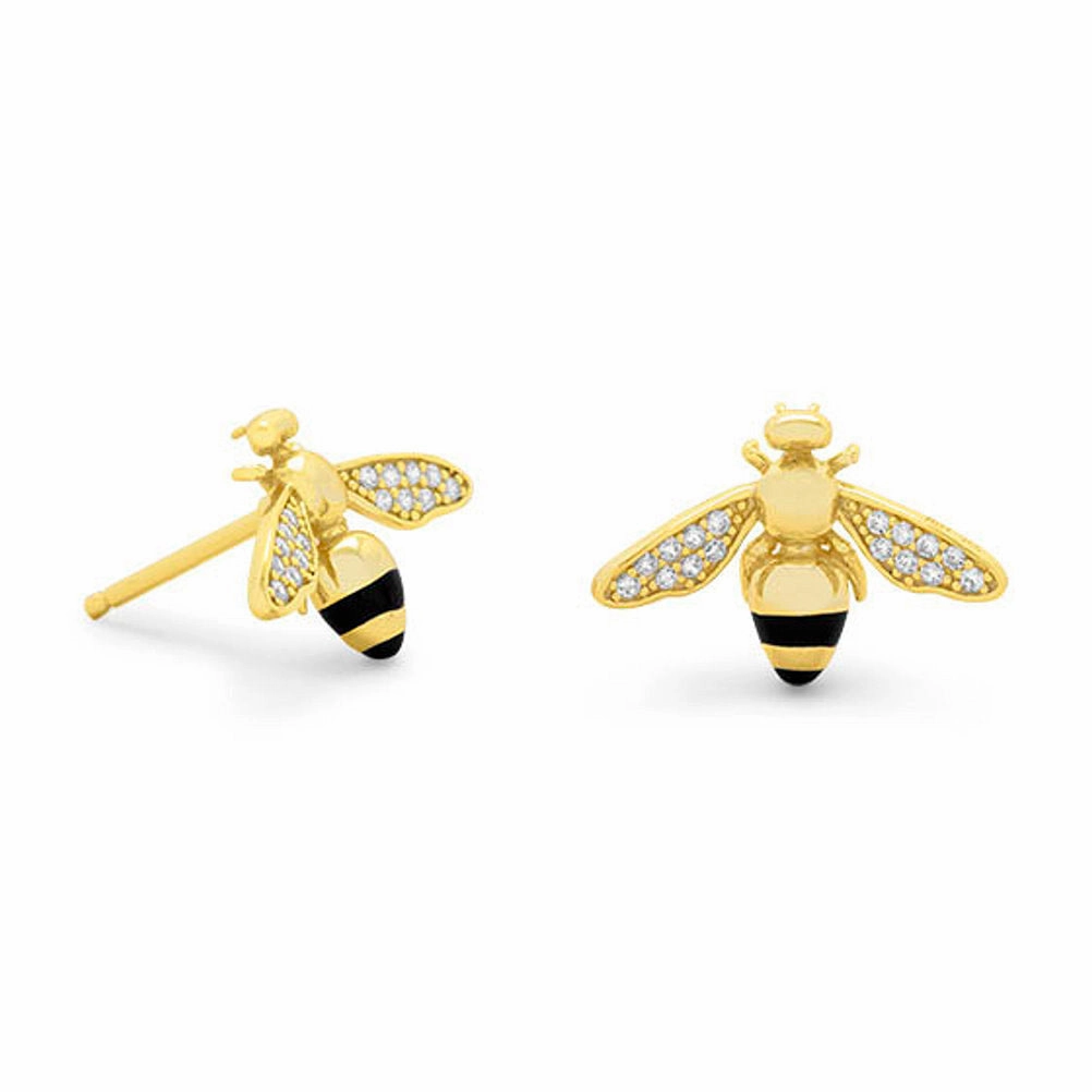 Minimalist Look Lustrous Adornment Honeybee Stud Earrings with Cubic Zirconia Accents