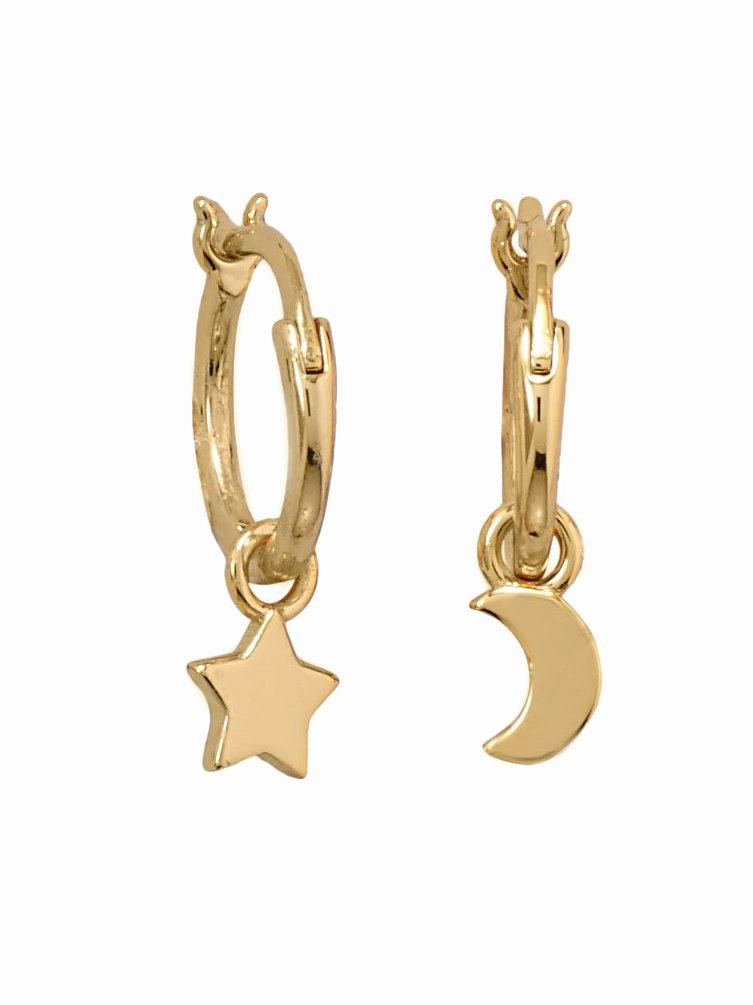 Hoop Earrings with Dangling Moon and Star Charms Gold-plated Safe Decor