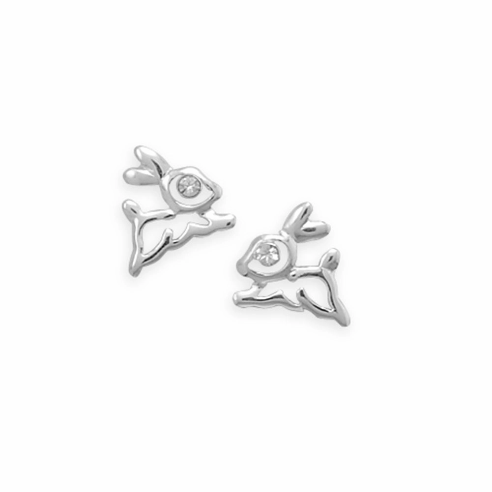 Hopping Bunny Rabbit Post Stud Earrings with Cubic Zirconia Eyes Sterling Silver Attractive Detail