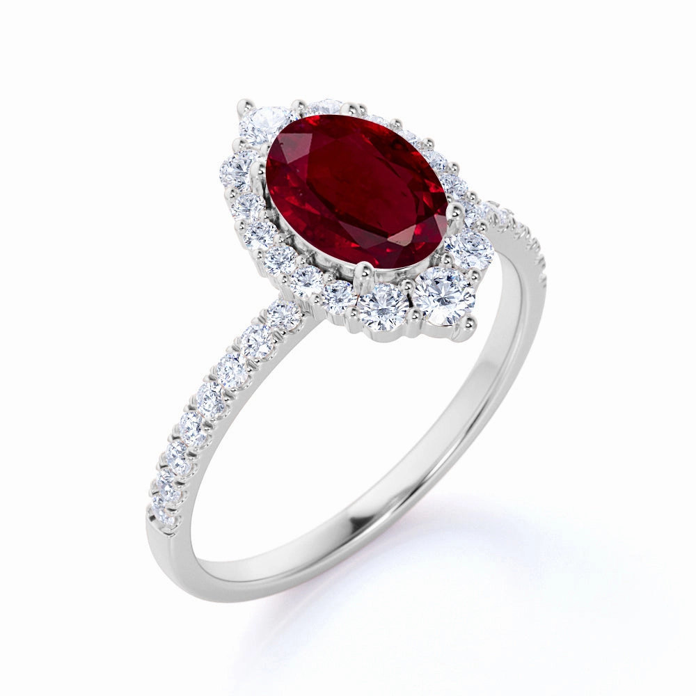 Modern Detail Huge 1.50 ct Oval Lab-Created Ruby Halo Engagement Ring