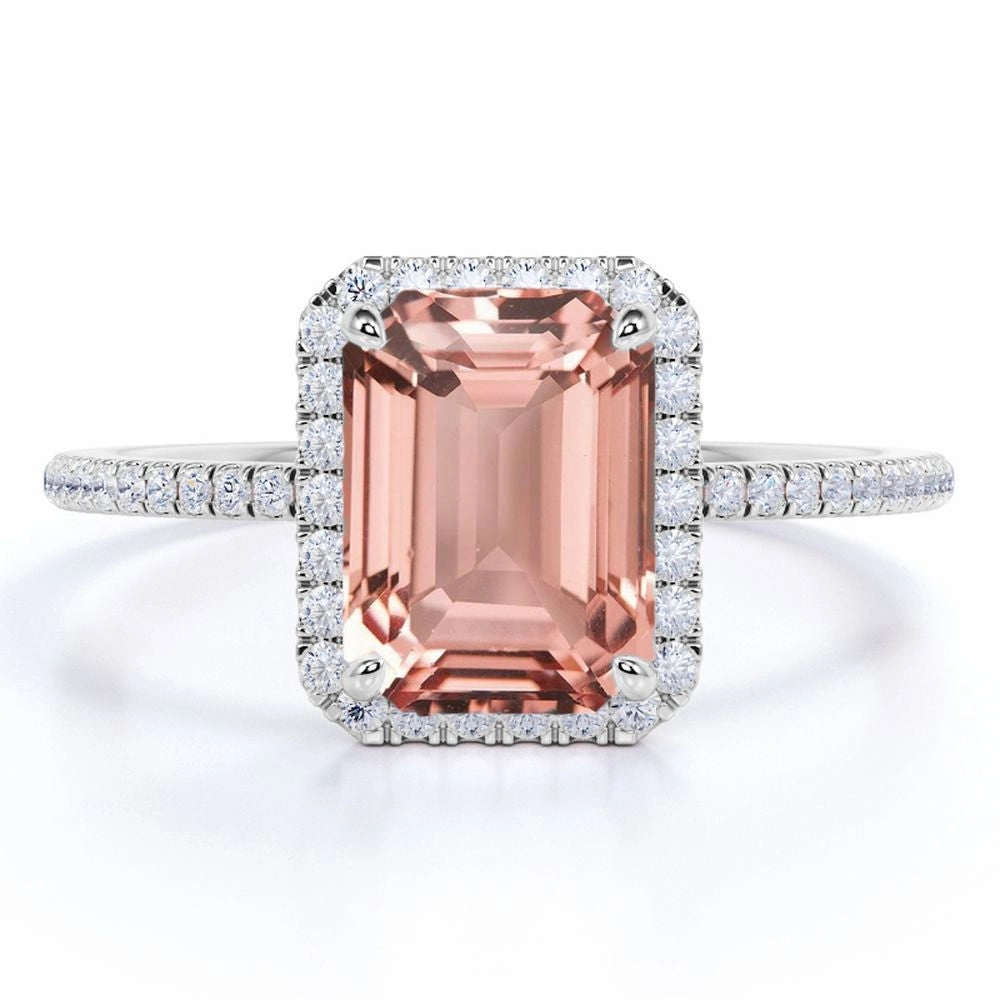 Minimalist Jewelry Sturdy Embellishment 1.75 ct Emerald Peach Pink Morganite Halo Engagement Ring