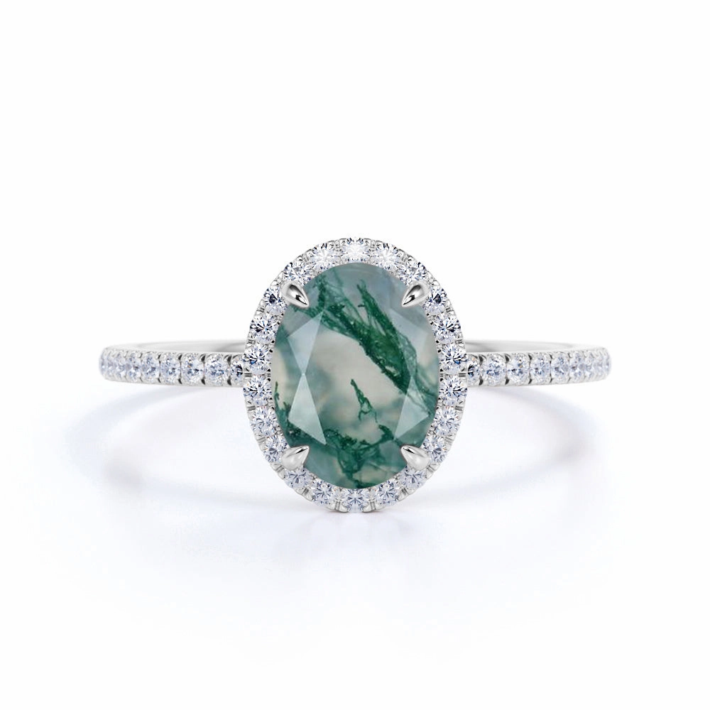 Halo 1.50 Carat Oval Green Moss Agate Ring Premium Piece City Fashion