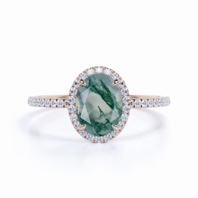 Handcrafted Article Fine Article Halo 1.50 Carat Oval Green Moss Agate Ring