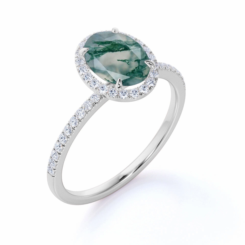 Lovely Design Timeless Motion Halo 1.50 Carat Oval Green Moss Agate Ring