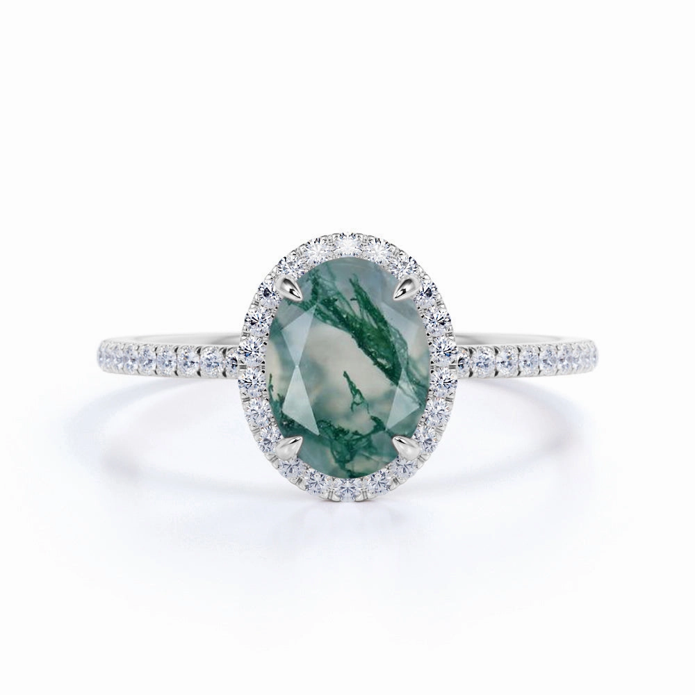 Halo 1.50 Carat Oval Green Moss Agate Ring Elegant Look