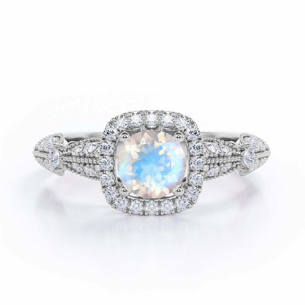 Neutral Mood Antique 1.35 ct Round Moonstone Engagement Ring