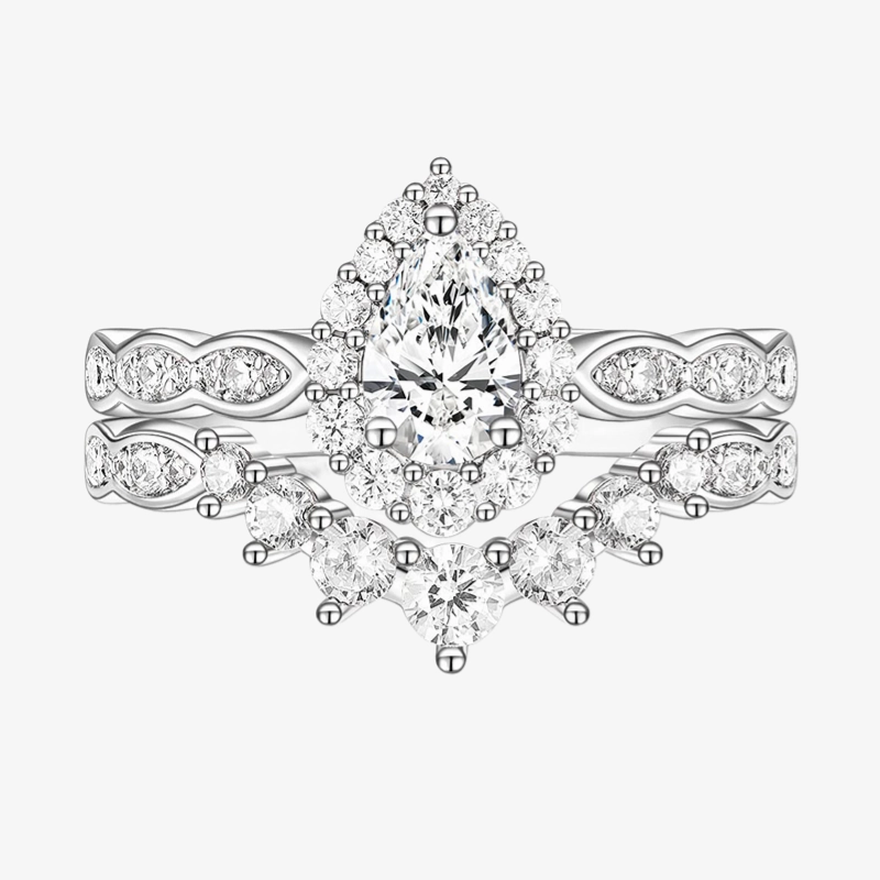 925 Sterling Silver Vintage Pear Shape Crown Bridal Ring Teardrop Set Groomsmen Gift Universal Appeal