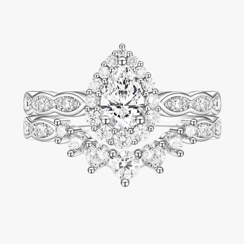925 Sterling Silver Vintage Pear Shape Crown Bridal Ring Teardrop Set Luxurious design
