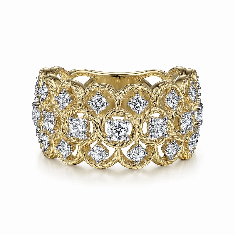 Wide 14K Yellow Gold Twisted Rope Diamond Wide Band Ring Bridesmaid Gift Event Ready