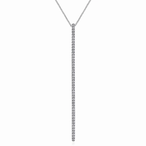 14K White Gold Long Diamond Bar Pendant Necklace Graceful Lines
