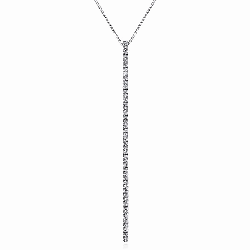 14K White Gold Long Diamond Bar Pendant Necklace Graceful Lines