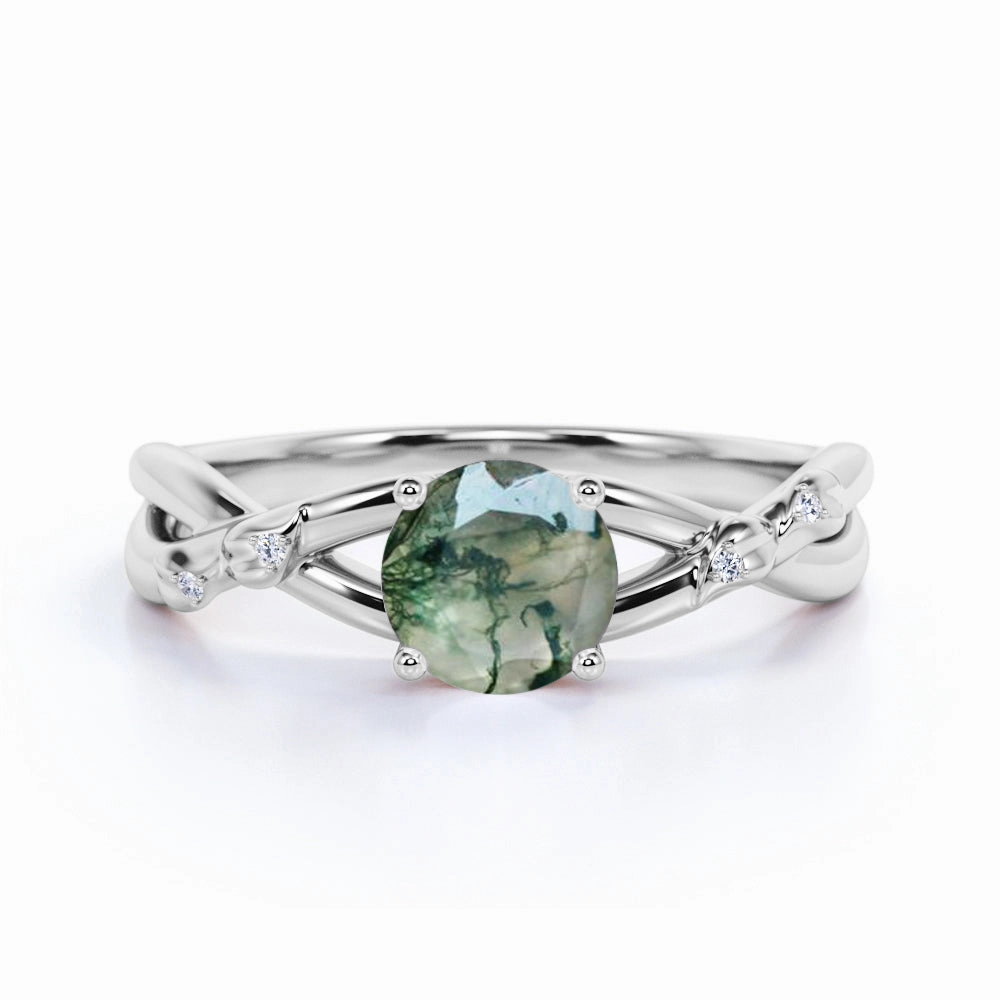 1.25 Ct Round Green Moss Agate Infinity Engagement Ring Pre Assembled