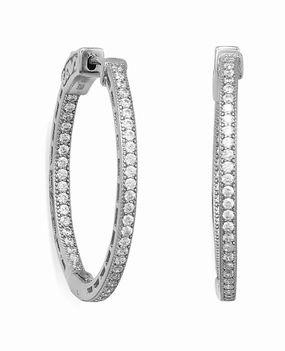Lightweight Finish In Out Hoop Earrings Cubic Zirconia Rhodium on Sterling Silver - Nontarnish 30mm