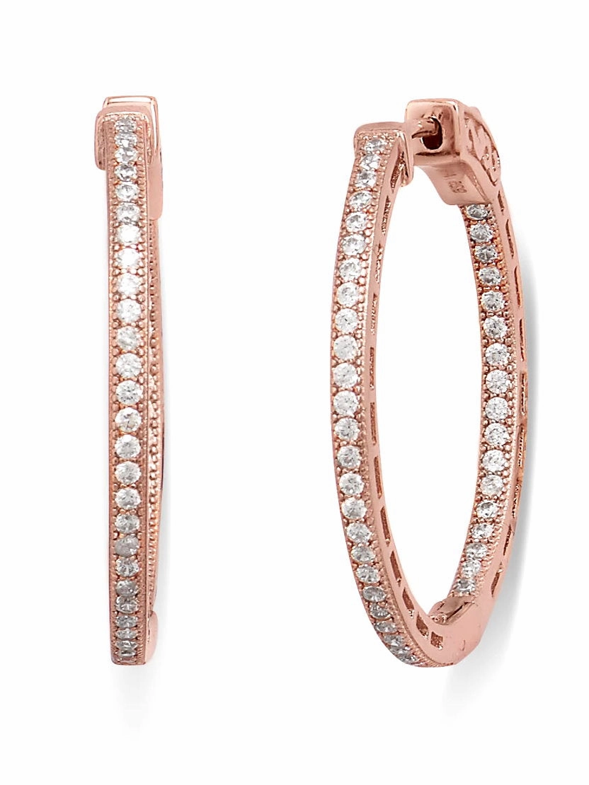 In Out Hoop Earrings Cubic Zirconia Rose Gold-plated Sterling Silver 30mm Artistic Ornament Striking Embellishment