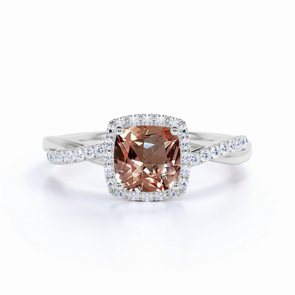 Matching Set Rural Elegance Infinity 1.25 ct Cushion Morganite Halo Engagement Ring