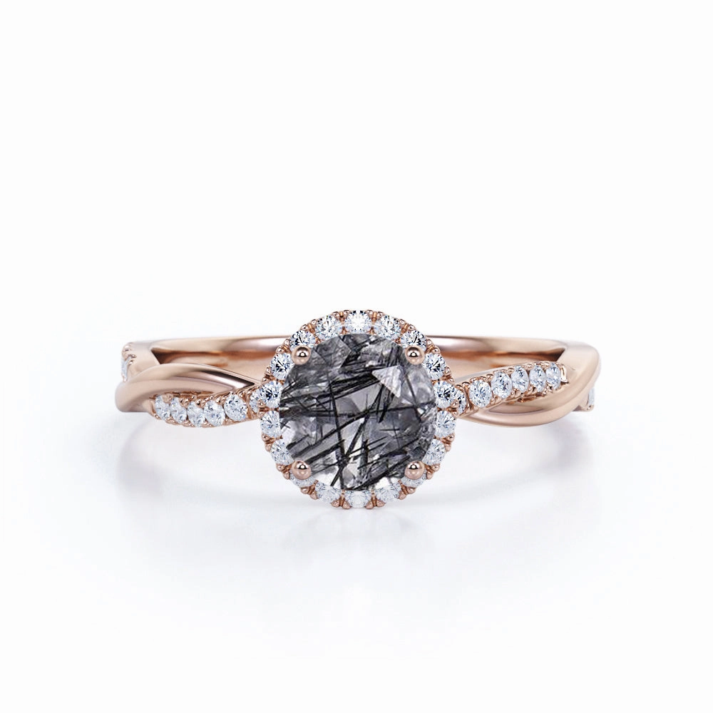 Handmade Gift Modern Sign Infinity 1.25 ct Round Black Rutilated Quartz Halo Engagement Ring