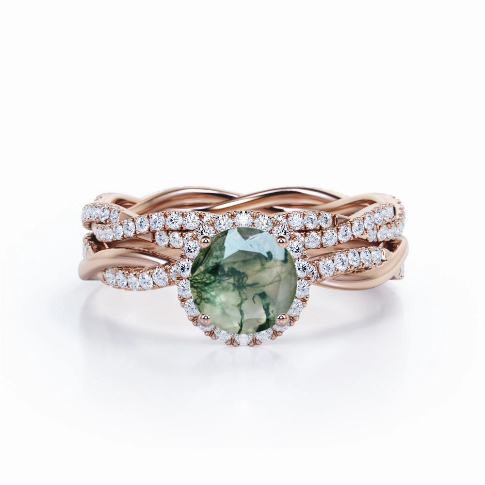 Infinity 1.25 Ct Round Green Moss Agate Bridal Set High-End Statement Personal Gift