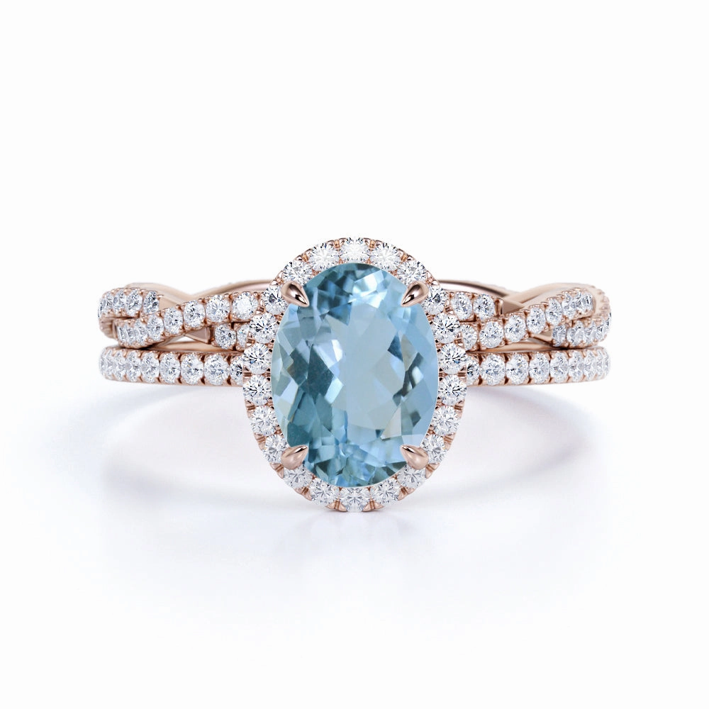 Recycled Content Infinity 1.75 ct Oval Aquamarine Halo Wedding Ring Set