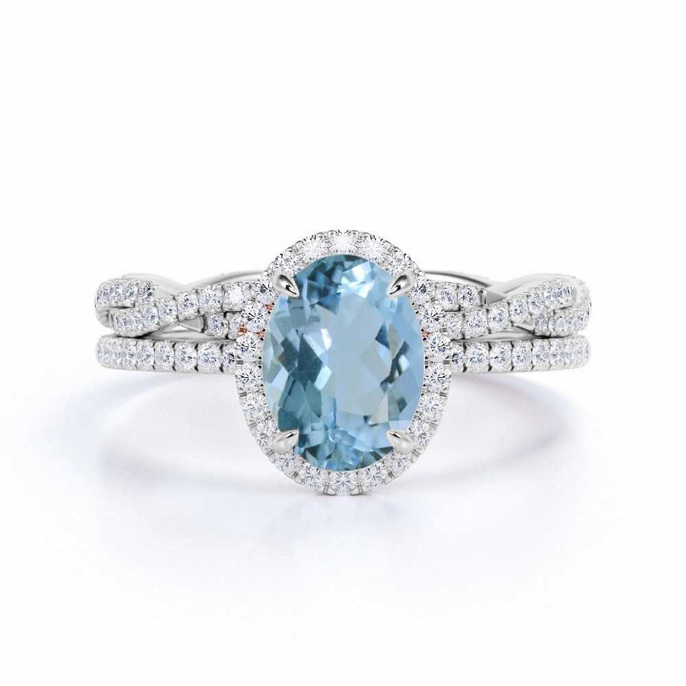 Revolutionary Idea Urban Fit Infinity 1.75 ct Oval Aquamarine Halo Wedding Ring Set