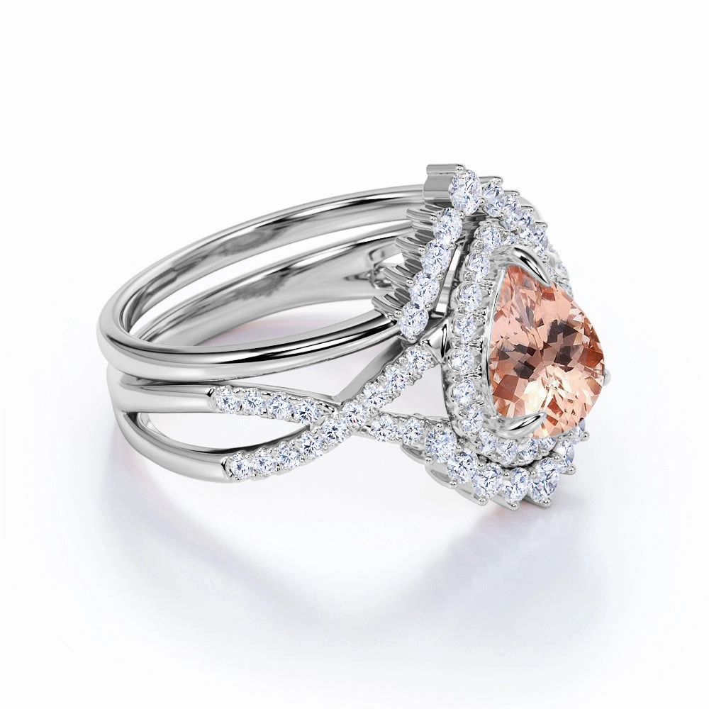 Infinity 1.75 ct Pear Morganite Halo Art Deco Wedding Set Simple Jewelry