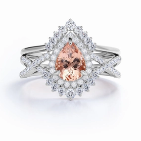 Earth Friendly Infinity 1.75 ct Pear Morganite Halo Art Deco Wedding Set